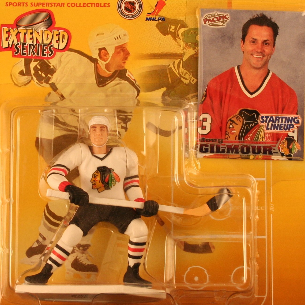 DOUG GILMOUR / CHICAGO BLACKHAWKS 1998 Extended Series NHL Starting Lineup Action Figure & Exclusive Pacific NHL Collector Trading Card