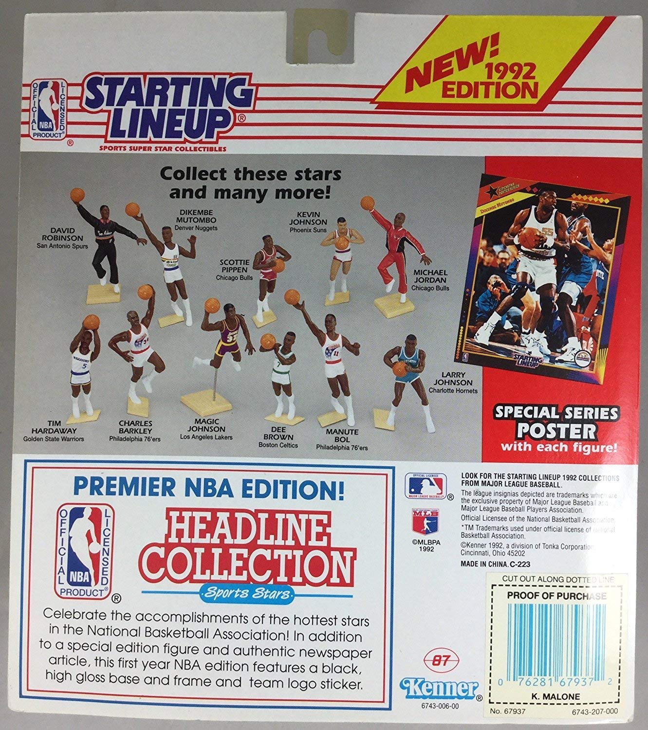 Starting Lineup KARL MALONE 1992 SPORTS ACTION FIGURE UTAH JAZZ WITH COLLECTORS CARD