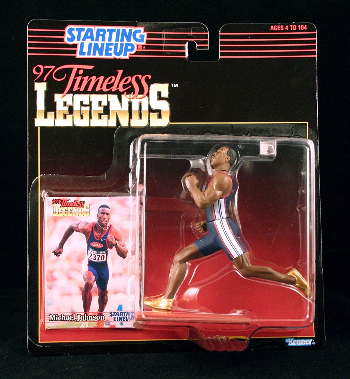MICHAEL JOHNSON / USA OLYMPIC TRACK AND FIELD * 1997 TIMELESS LEGENDS Kenner Starting Lineup & Exclusive Collector Trading Card