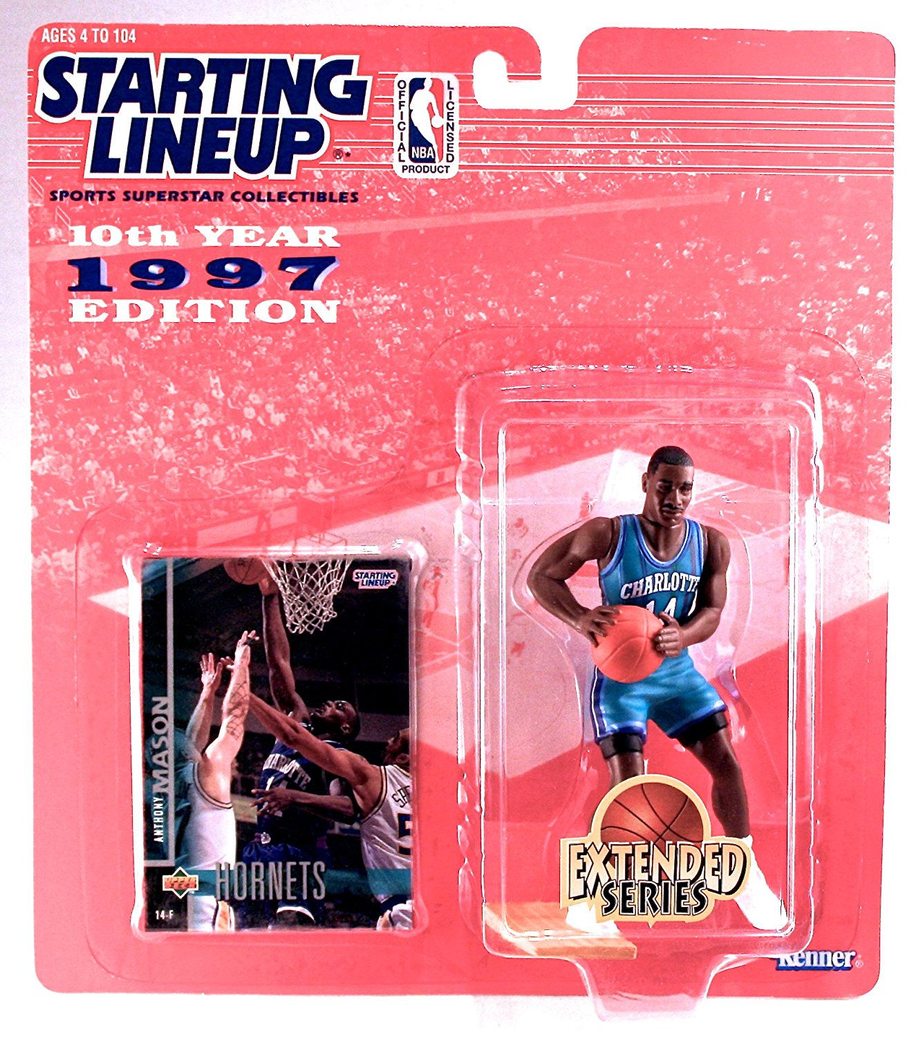 ANTHONY MASON / CHARLOTTE HORNETS * 1997 EXTENDED SERIES * NBA Starting Lineup Action Figure & Exclusive NBA Collector Trading Card