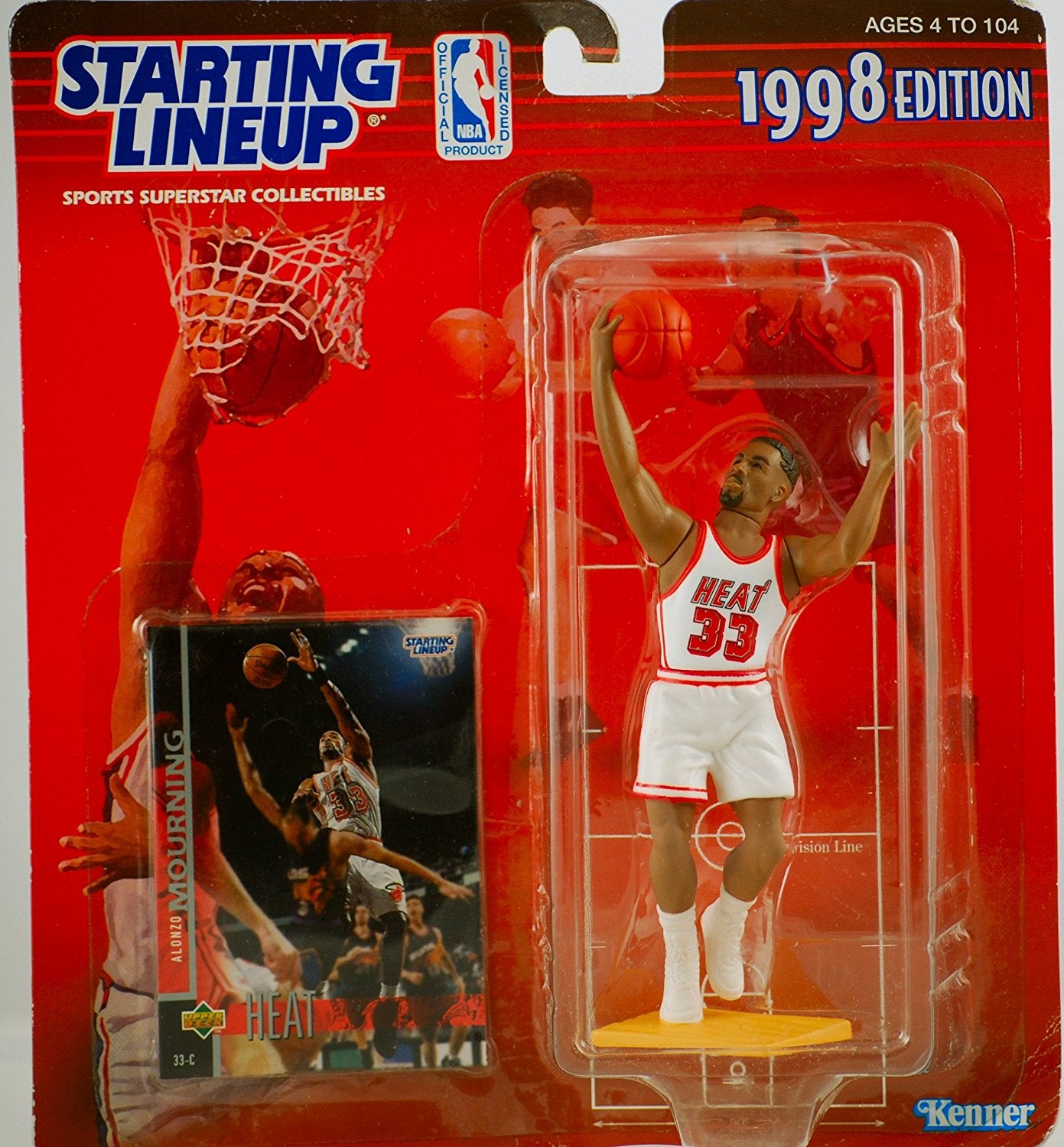 ALONZO MOURNING / MIAMI HEAT 1998 NBA Starting Lineup Action Figure & Exclusive NBA Collector Trading Card